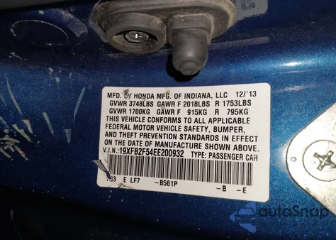 2014 Honda Civic Lx из США, поврежденный, VIN 19XFB2F54EE200932